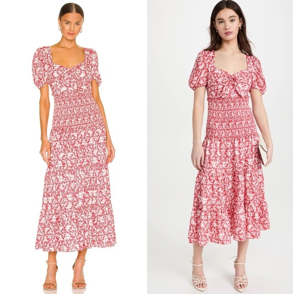LIKELY AVRA BITTERSWEET & WHITE FLORAL SMOCK WAIST PUFF SLEEVE V NECK MIDI DRESS